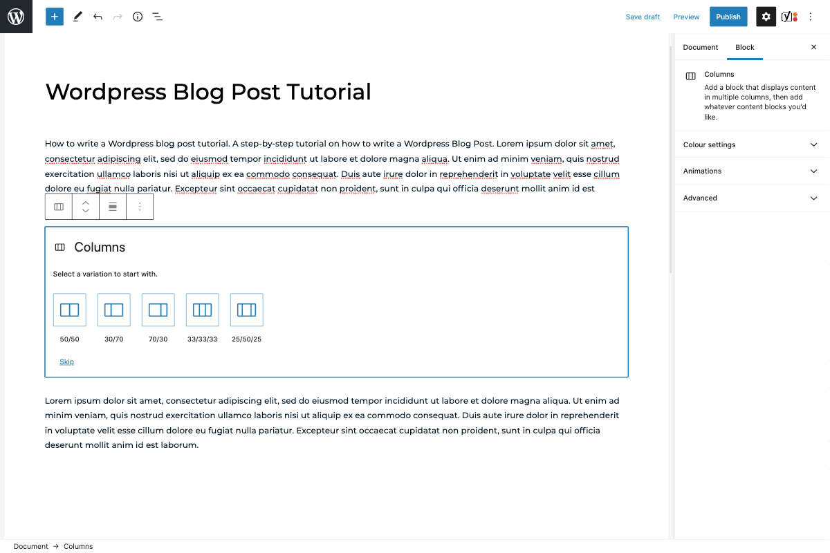 wordpress block editor add columns