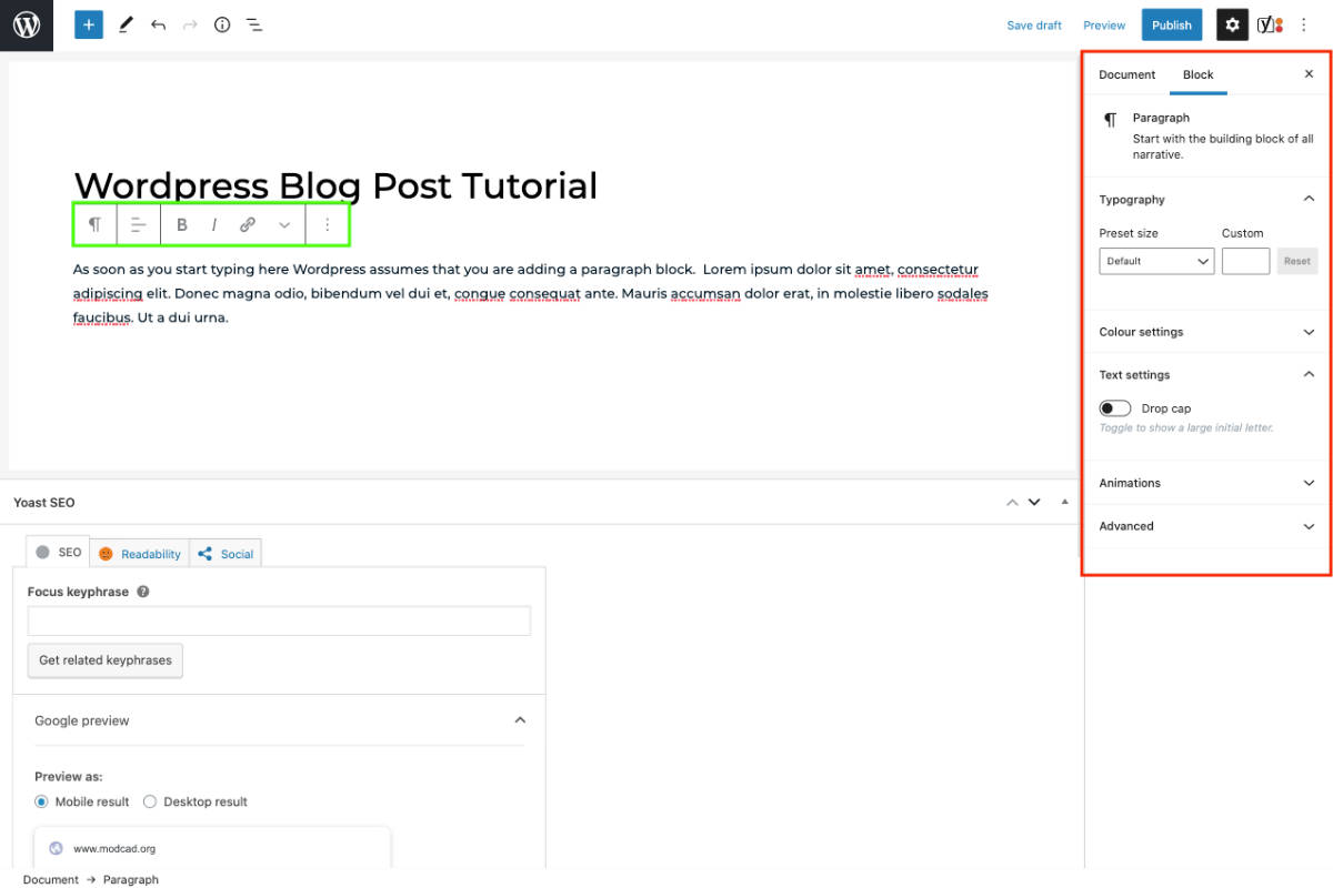 wordpress block editor settings