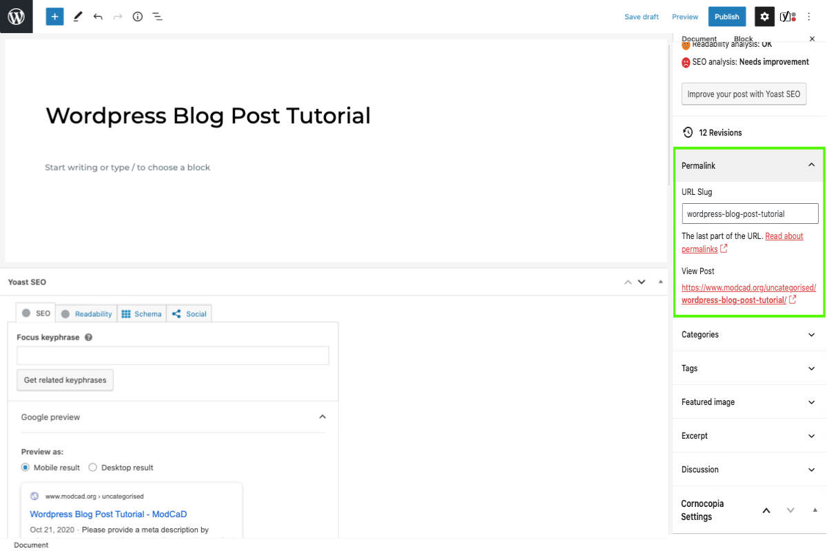 manage your own WordPress blog post wordpress document settings permalink